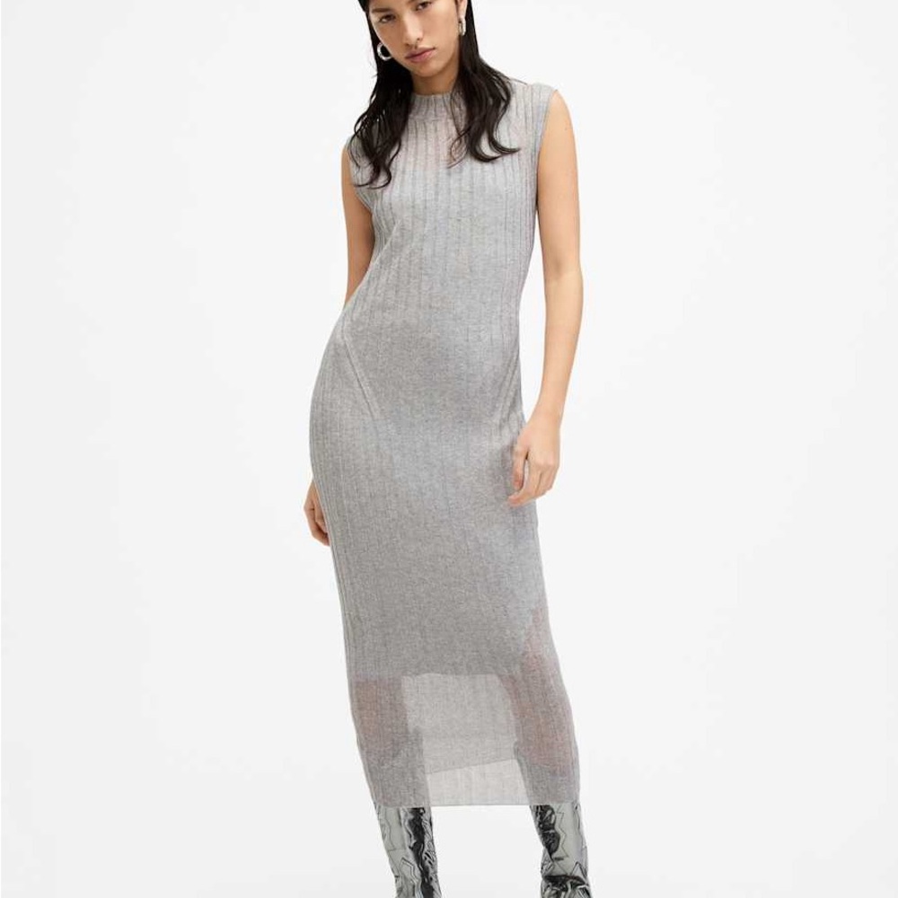 AllSaints Dress Patrice 2 In 1 Ribbed Midi Dress Silver Gray Size S